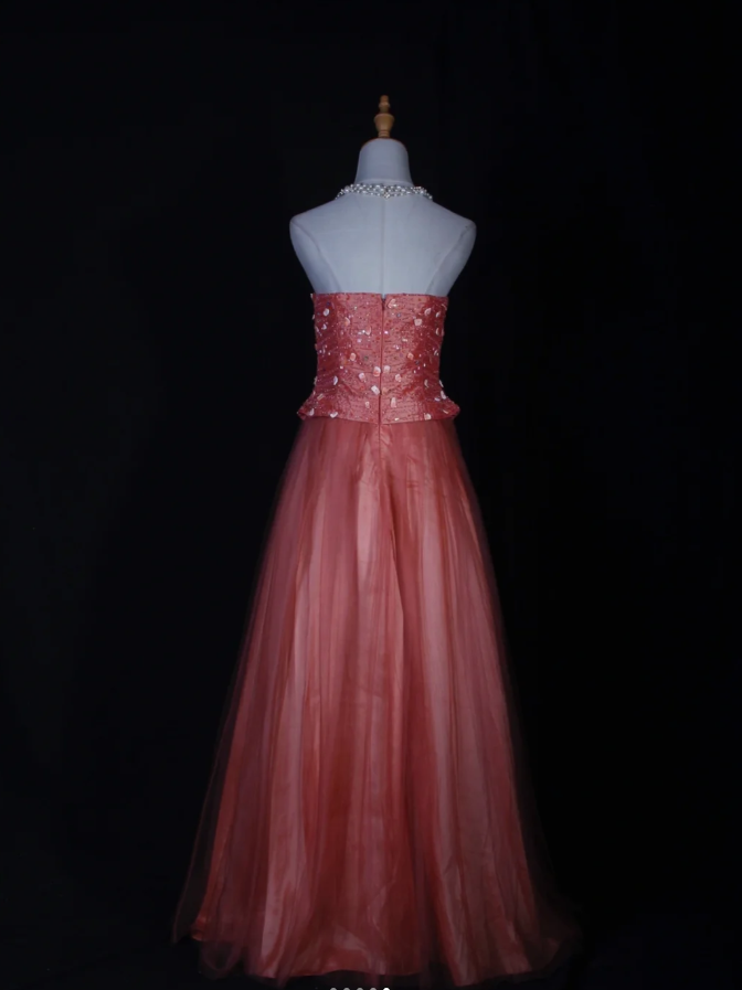 Sweet Strapless Tulle Beaded A Line Long Wedding Guest Dress Formal Birthday Evening Dress D2280