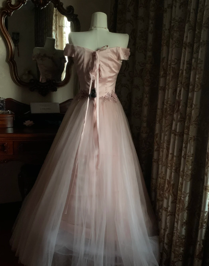 Sweet Pink Off The Shoulder Satin Tulle Appliques Long Birthday Party Dress Prom Gown
