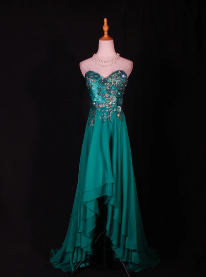 Fashion Strapless Green Satin Beaded  Birthday Prom Dress Embroidery Floral Mermaid Long Evening Dress D2281
