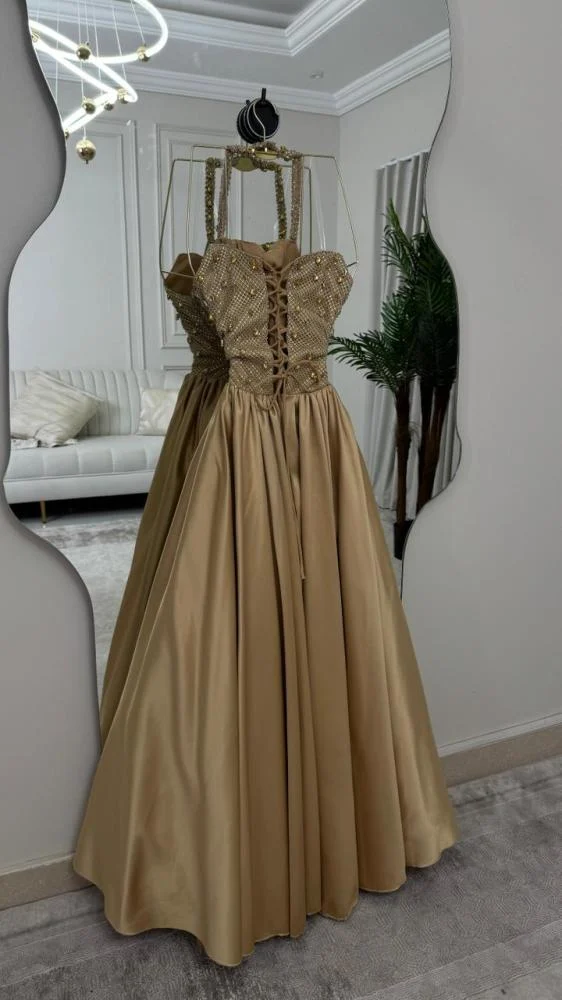 Luxurious Halter Satin Beaded Long Evening Dress Formal Birthday Party Dress D1876