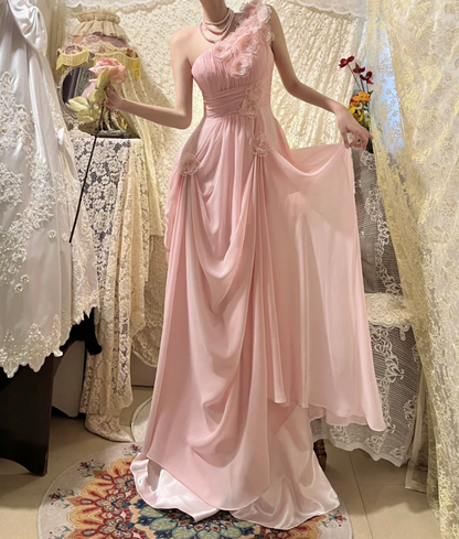 Classy Pink One Shoulder Chiffon Pleated Appliques Long Party Dress Prom Dress Formal Wedding Guest Dress D21114