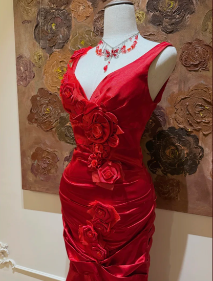 Elegant Red V Neck Satin Mermaid Long party Dress Birthday Outfits With 3D Flowers SP1779