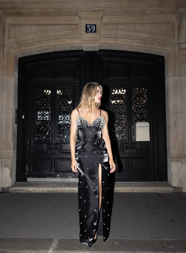 Charming Black Satin Beaded Slit Prom Dress,Spaghetti Straps Sheath Evening Gown Y8229