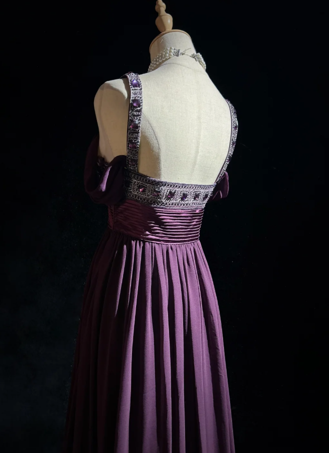 Stylish Spaghetti Straps Satin Beaded A Line Long Wedding Guest Dress Purple Long Evening Dress Party Gown
