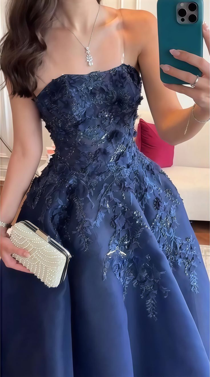 Gorgeous Navy Blue Strapless Organza Appliques Long Party Dress Evening Dress D1201