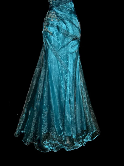 Charming Strapless Blue Tulle Sequin Beaded Mermaid Evening Dress Long Birthday Party Dress D1209