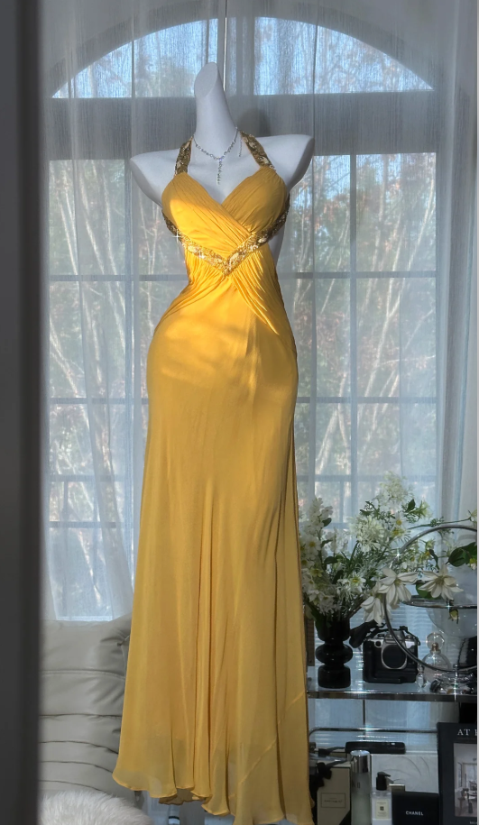 Pretty Lemon Yellow Halter Beaded Mermaid Backless Long Evening Dress Party Dress D2195