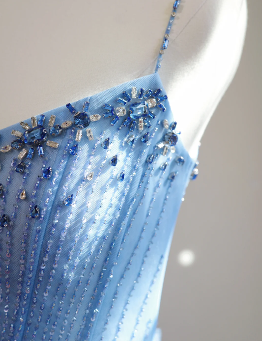 Fairy Spaghetti Straps Blue Satin Beaded Feathers A Line Birthday Prom Dress Party Dress D2151