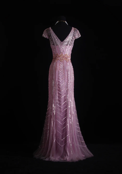 Gorgeous Pink V Neck Tulle Sequin Beaded Mermaid Evening Dress Prom Gown