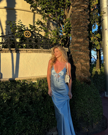 Elegant Spaghetti Straps Blue Satin Mermaid Long Wedding Guest Dress Backless Party Dress Evening Dress D1901