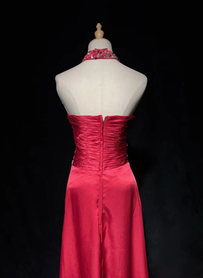 Pretty Halter Satin Pleated Beaded Cerise Pink Long Evening Dress Formal Wedding Guest Dress D1935