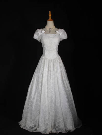 Pretty White Satin Beaded Floral Lace Ball Gown Formal Long Wedding Dress