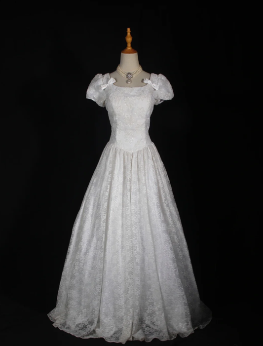 Pretty White Satin Beaded Floral Lace Ball Gown Formal Long Wedding Dress