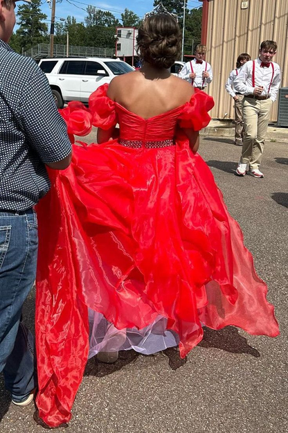 Off the Shoulder Red Balloon Sleeves Ruffle Layered Prom Dress Y5314