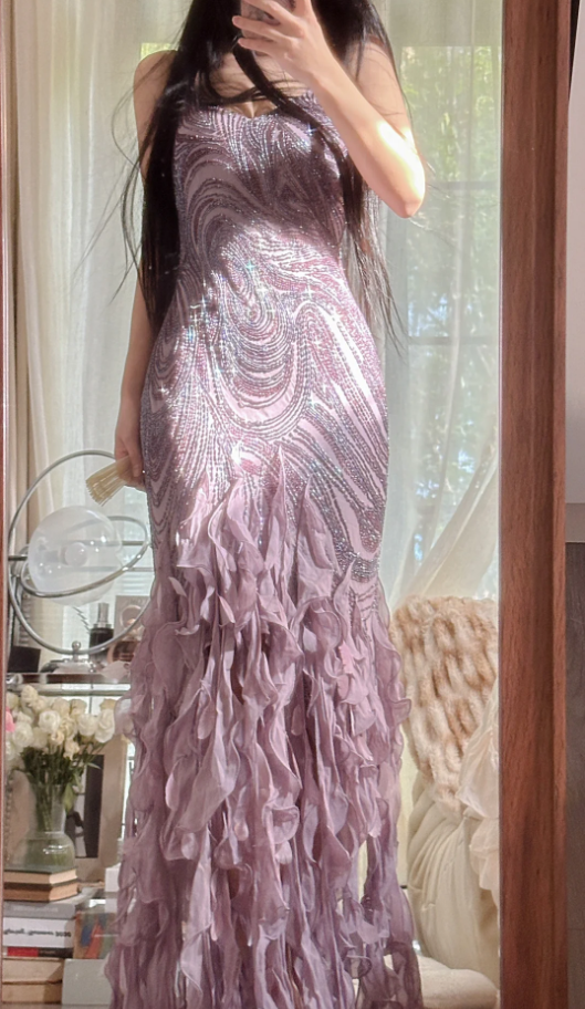 Vintage Purple Spaghetti Straps Chiffon Beaded Ruffles Mermaid Long Party Dress Birthday Prom Dress D2306
