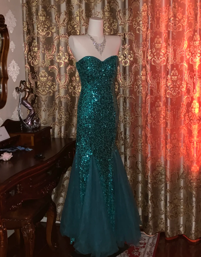 Vintage Strapless Green Tulle Sequin Mermaid Evening Dress Long Wedding Guest Dress Party Gown