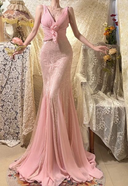 Classy V Neck Pink Lace Chiffon Mermaid Long Wedding Guest Dress Formal Prom Dress Party Gown