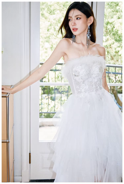 Classy White Feathers Strapless Embroidered Tulle Sequin Appliques Long Birthday Prom Dress Evening Gown