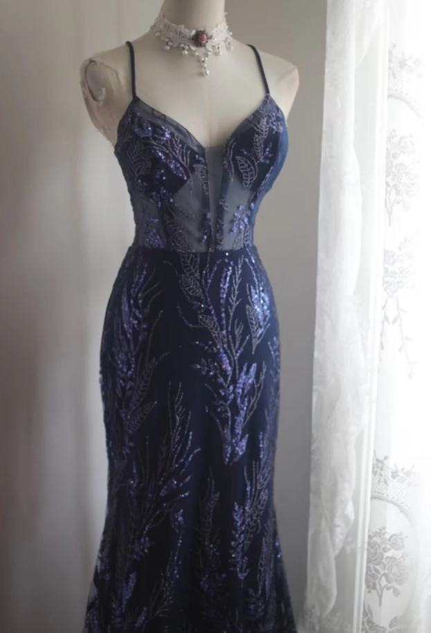 Luxurious Spaghetti Straps Tulle Sequin Mermaid Long Party Dress Navy Blue Evening Dress D2208