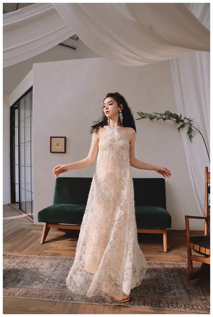 Elegant Sleeveless Lace Backless Long Birthday Party Dress Evening Gown