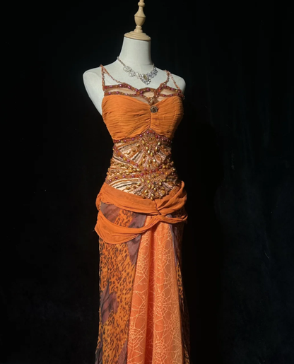 Elegant Spaghetti Straps Chiffon Lace Beaded Mermaid Evening Dress Orange Long Party Gowns