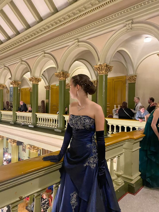 Gorgeous Navy Blue Strapless Satin Pleated Beaded Long Party Dress Evening Gown With Gloves