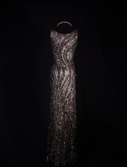Retro Dark Brown Sleeveless Satin Sequin Beaded Long Evening Dress Birthday Dress D2290