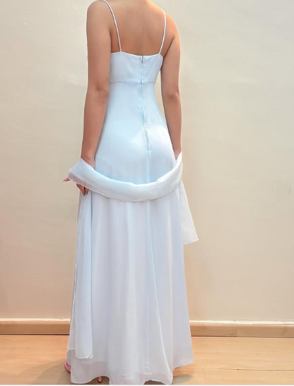 Pretty Light Blue Chiffon Applique Evening Dress,Straps Party Prom Gown cc2573