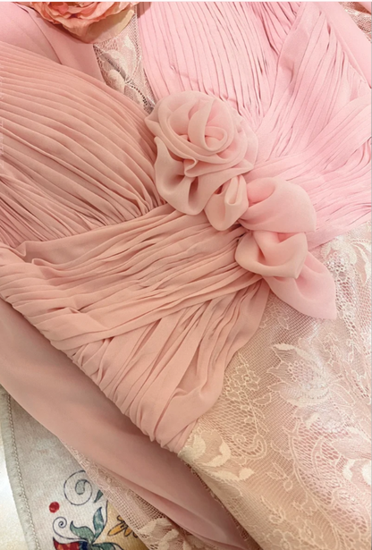 Classy V Neck Pink Lace Chiffon Mermaid Long Wedding Guest Dress Formal Prom Dress Party Gown