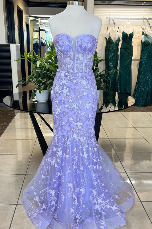 Sweetheart Lavender Butterfly Mermaid Long Prom Dress Y2775