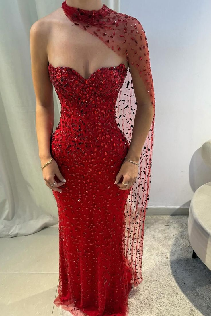 Gorgeous Red Strapless Tulle Beaded Mermaid Evening Dress Long Party Gown
