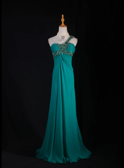 Unique One Shoulder Green Beaded Chiffon Mermaid Long Party Dress Formal Wedding Guest Dress D2242