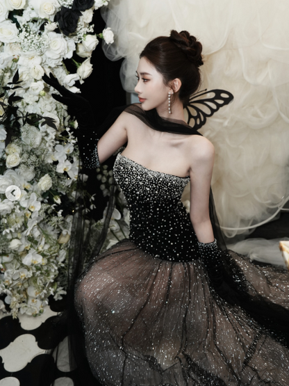Gorgeous Black Strapless Tulle Beaded Mermaid Evening Dress Long Prom Dresses D1926