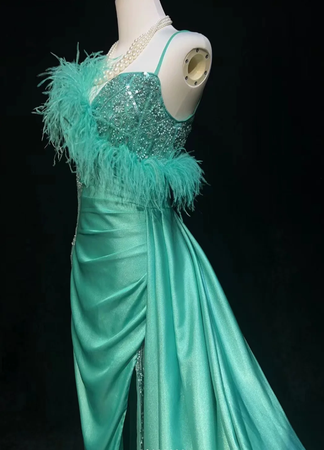Elegant Green Satin Beaded Mermaid Long Party Dress Prom Gown With Feathers SP1819