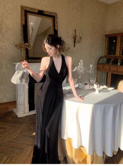Sexy Black Neck Satin Mermaid Evening Dress Backless Long Wedding Guest Dress SP1538