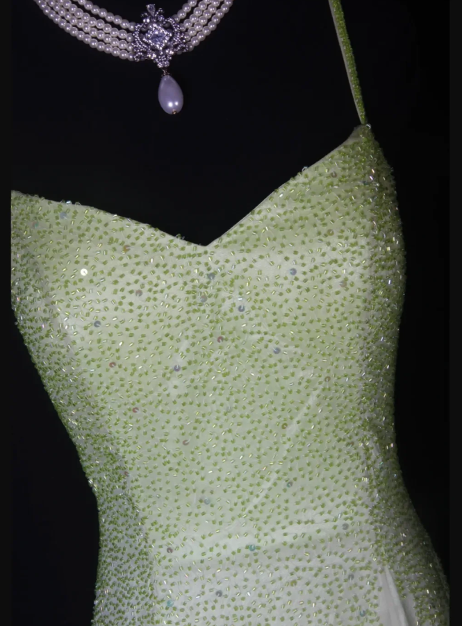 Classy Spaghetti Straps Satin Chiffon Beaded Mermaid Evening Dress Ombre Green Birthday Prom Dress D2261