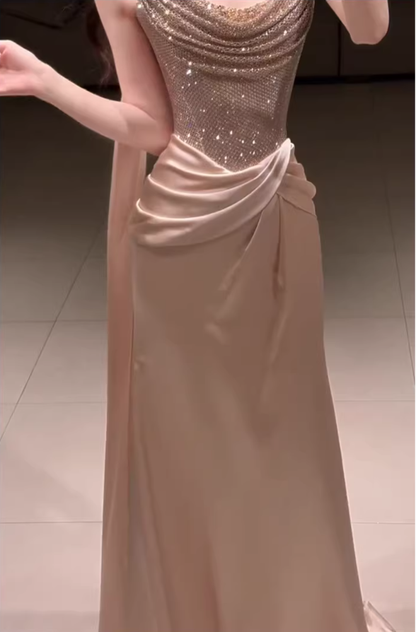 Elegant Strapless Sequin Satin Pleated Mermaid Long Party Dress Birthday Prom Dresses D2219