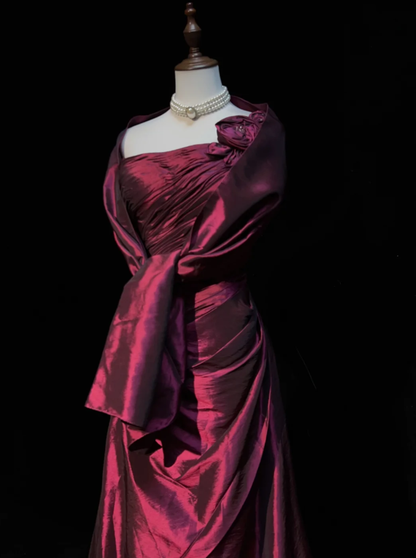 Retro One Shoulder Burgundy Satin Pleated Long Prom Dress Evening Gown SP1968