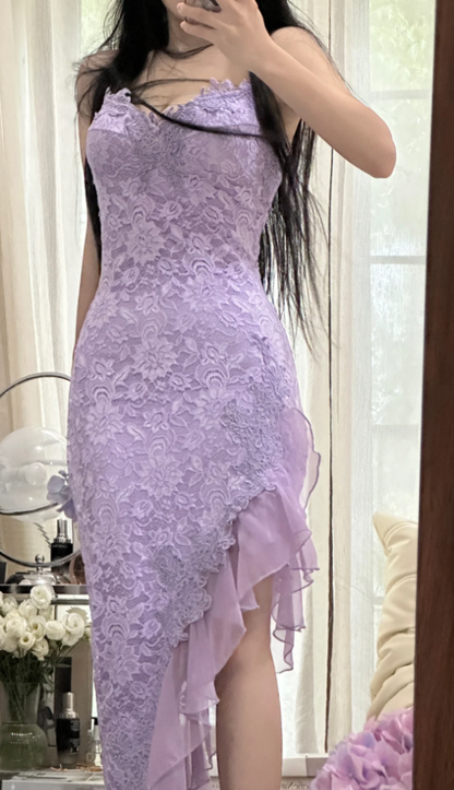 Pretty Spaghetti Straps Lavender V Neck Lace Chiffon Ruffles Long Party Dress Birthday Dress D2305