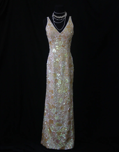 Glitter V Neck Sleeveless Sequin Beaded Sheath Long Evening Gown Formal Birthday Prom Dress