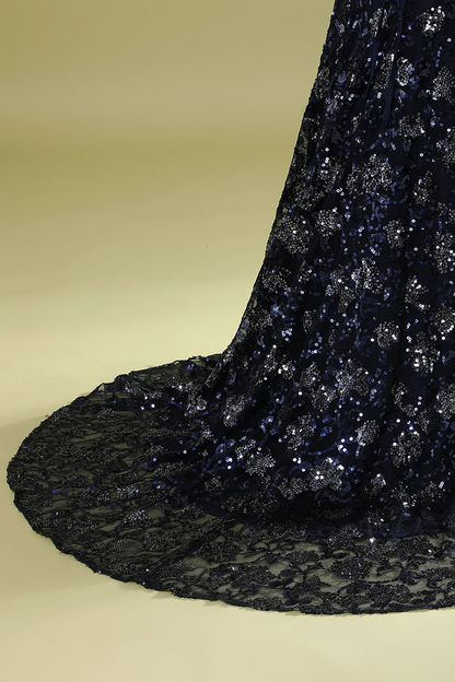 Navy Blue Evening Dress with Beading Sequins,Chic Prom Dress Y1832