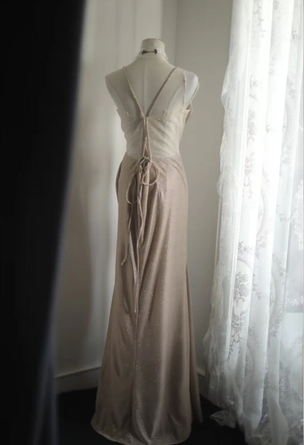 Glitter Spaghetti Straps Satin Beaded Mermaid Slit Evening Dress Long Prom Dress D2320