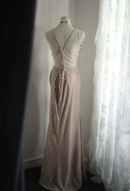 Glitter Spaghetti Straps Satin Beaded Mermaid Slit Evening Dress Long Prom Dress D2320