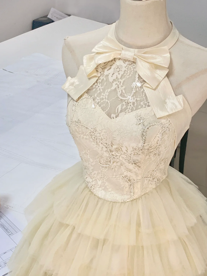 Elegant Off-White Halter Tulle Sequin Layered A Line Short Party Dress Formal 7th Grade Homecoming Dress S902