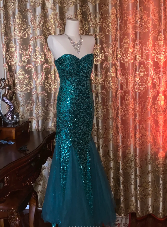 Vintage Strapless Green Tulle Sequin Mermaid Evening Dress Long Wedding Guest Dress Party Gown