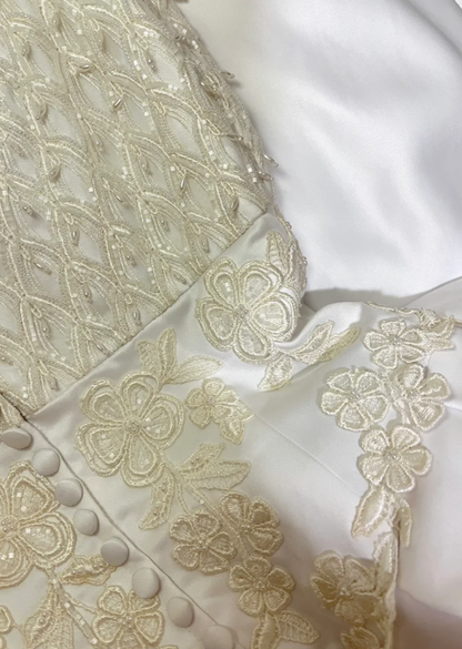 Elegant Spaghetti Straps White Satin Lace Appliques Evening Dress Long Wedding Guest Dress D2138
