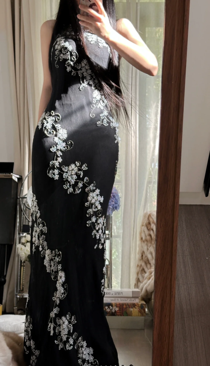 Classy One Shoulder Black Chiffon Beaded Mermaid Long Party Dress Evening Gown