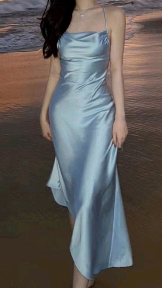 Classy Spaghetti Straps Blue Satin Long Wedding Guest Dress Formal Birthday Party Dress Evening Gown