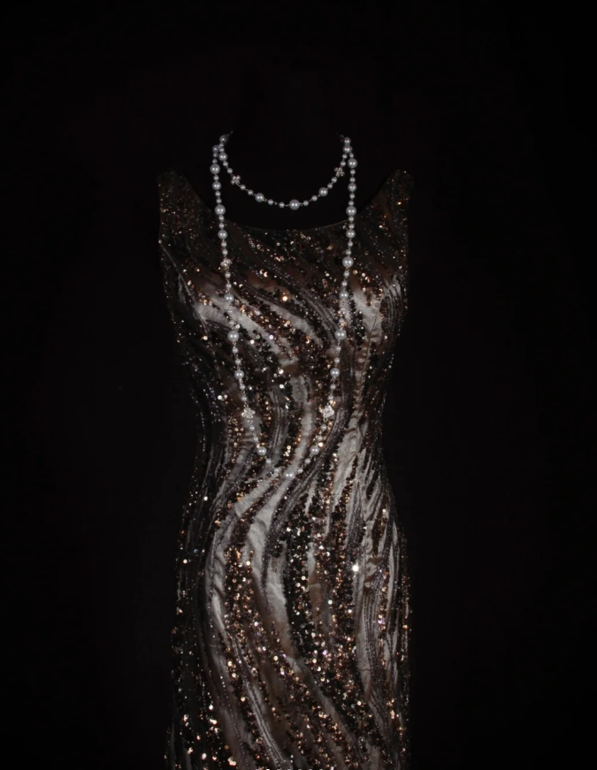 Retro Dark Brown Sleeveless Satin Sequin Beaded Long Evening Dress Birthday Dress D2290