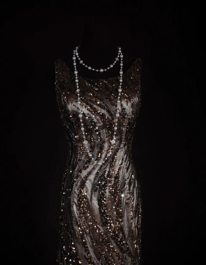 Retro Dark Brown Sleeveless Satin Sequin Beaded Long Evening Dress Birthday Dress D2290